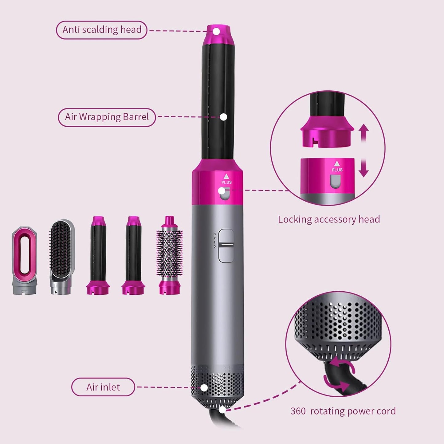 Spazzola Asciugacapelli 5-in-1 con Accessori Intercambiabili in Ceramica